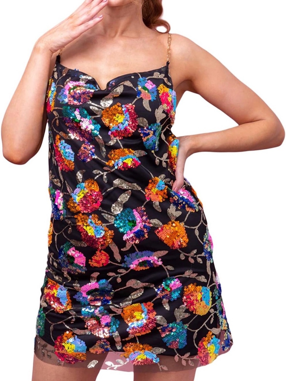 Black Multicolor Sequin Floral Mini Dress with Gold Chain Straps